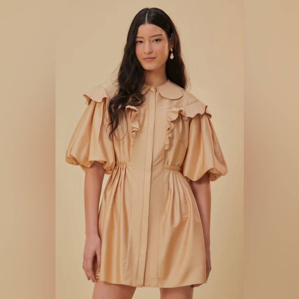 Farm Rio Beige Ruffle Puff Sleeve Mini Dress size S